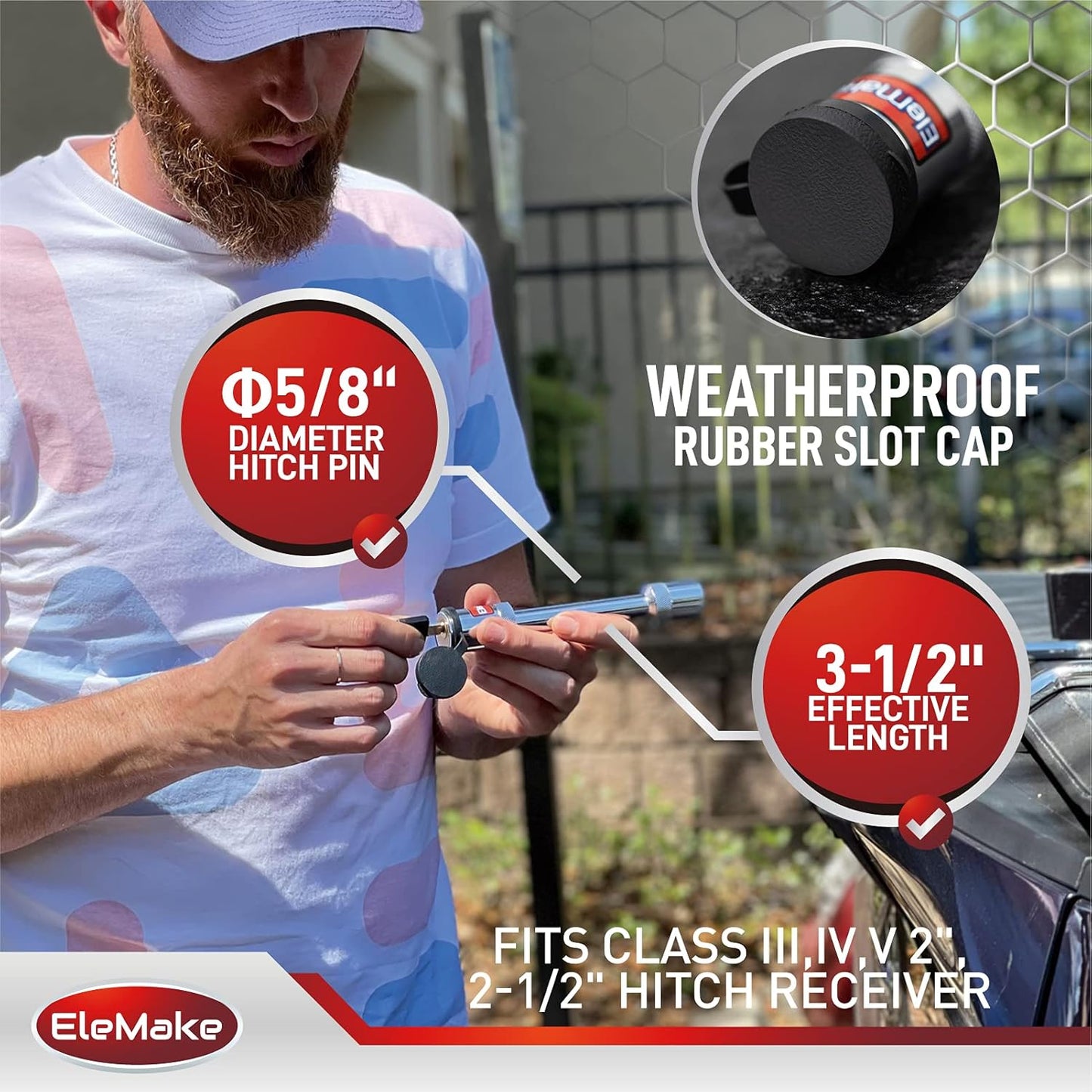 Trailer Hitch Lock - Hitch Pin Lock 5/8" Pin Tow Receiver Lock, Heavy Duty Brass Core Locking Mechanism, 3-1/2" Usable Length Fits Class III, IV, V Hitches