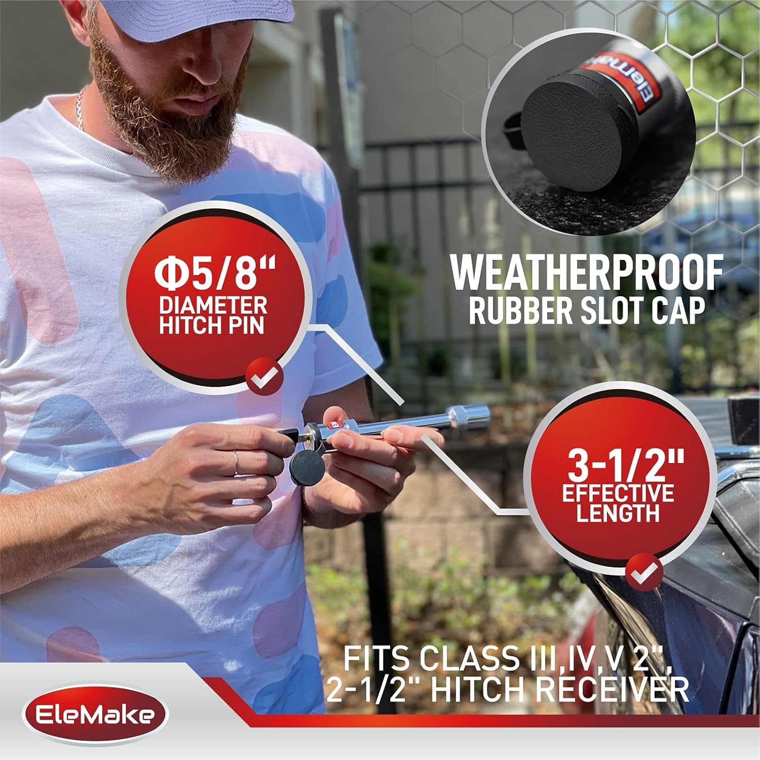 Trailer Hitch Lock - Hitch Pin Lock 5/8" Pin Tow Receiver Lock, Heavy Duty Brass Core Locking Mechanism, 3-1/2" Usable Length Fits Class III, IV, V Hitches