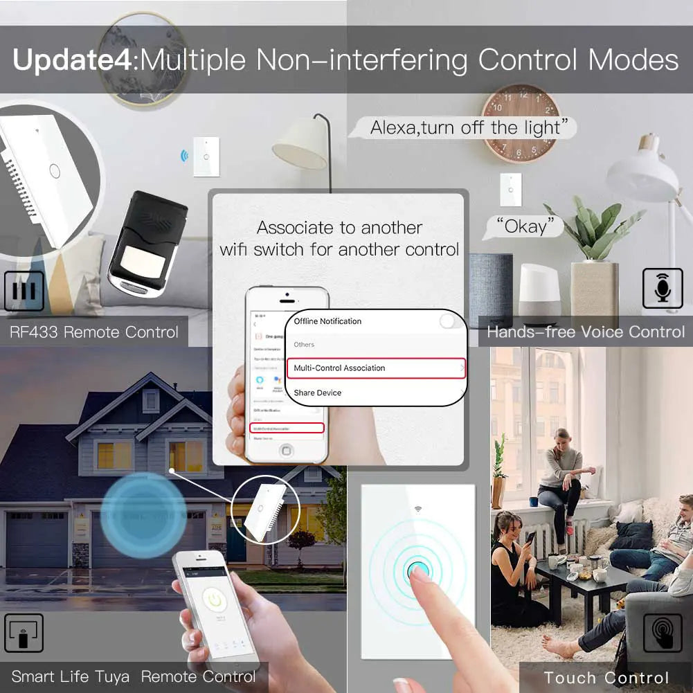 Smart Glass Panel Switch Smart Life/Tuya App Multi-Control Association, Voice Control with Alexa,Google Home,1/2/3/4 Gang