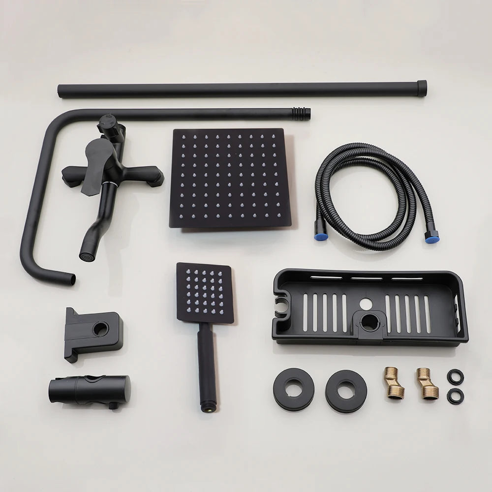 Matte Black Rainfall Shower Faucet Set Single Lever Bathtub Shower Systerm with Shower Shelf Hot Cold Water Mixer Faucet