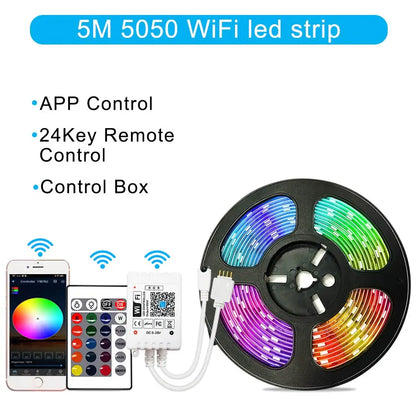 12V RGB LED Strips Wifi Bluetooth Infrared 30M 25M 20M 15M 5M 10M Lights for Room Diode Tape Flexible Ribbon Lamp Power Adapter