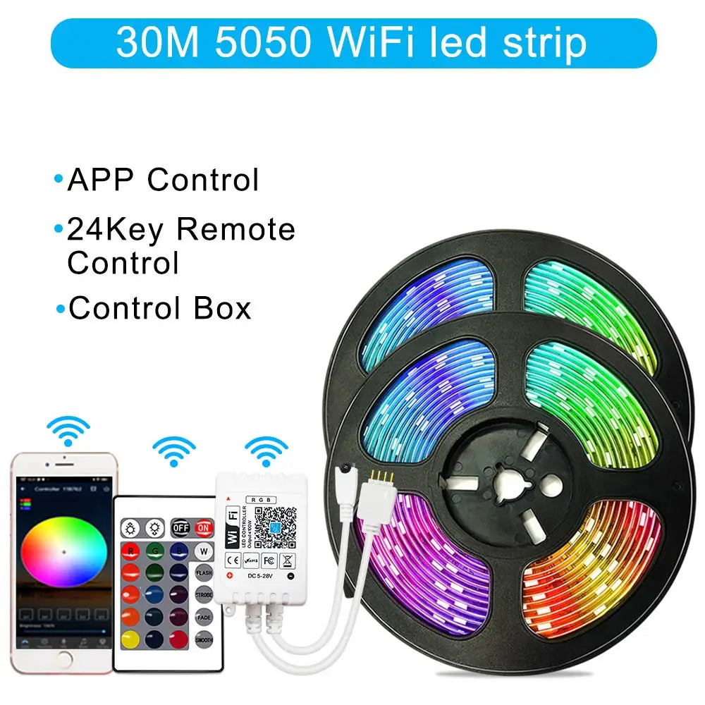 12V RGB LED Strips Wifi Bluetooth Infrared 30M 25M 20M 15M 5M 10M Lights for Room Diode Tape Flexible Ribbon Lamp Power Adapter