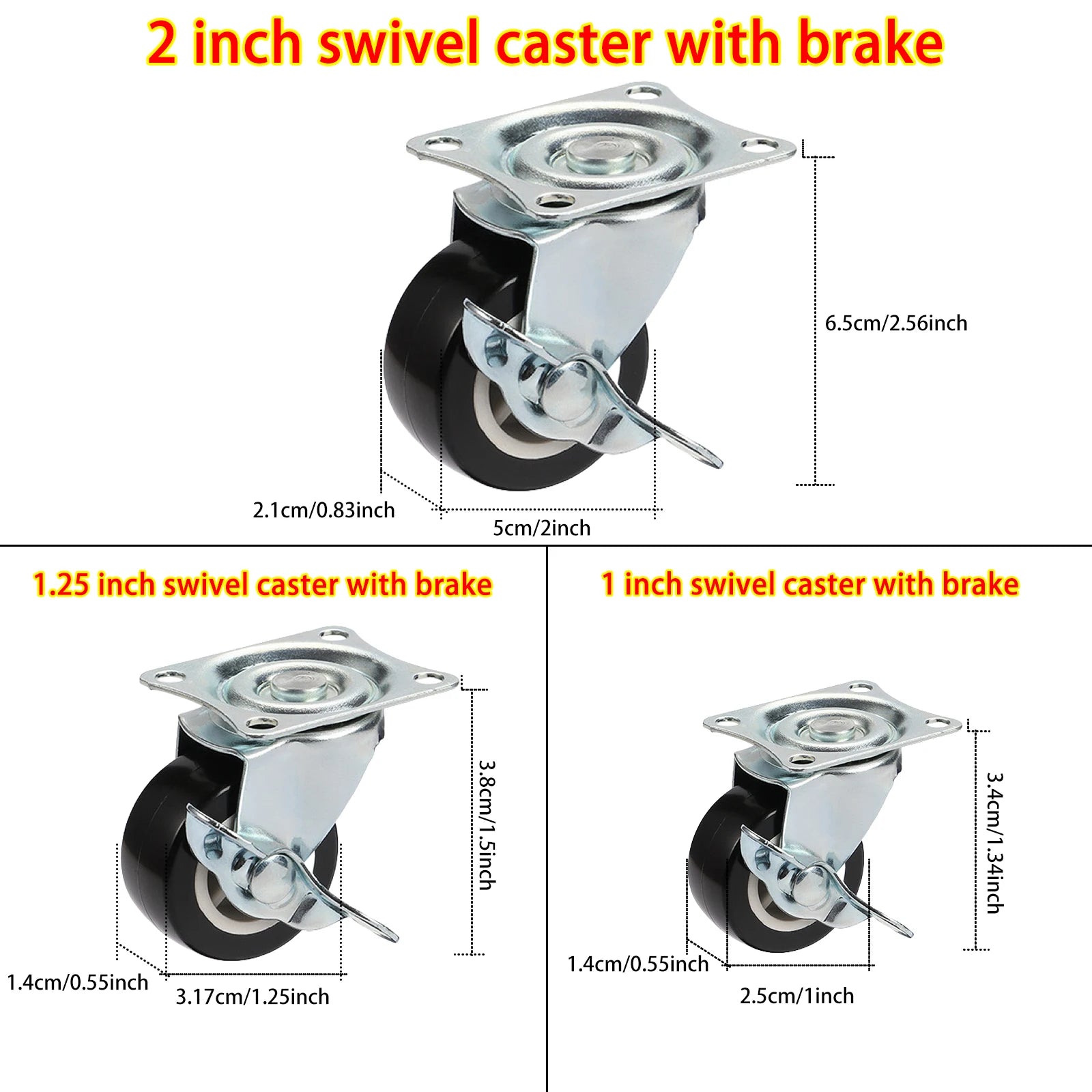 Set of 4 1"/1.25"/2" PVC Furniture Casters Wear Resistant Mute Universal Heavy Trolley Wheels 360 Degrees Swivel Castor