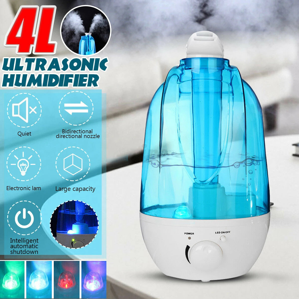 Ultrasonic Air Humidifier Mini Aroma Humidifier Air Purifier with LED Lamp 4L Humidifier Portable Mist Maker for Home Office