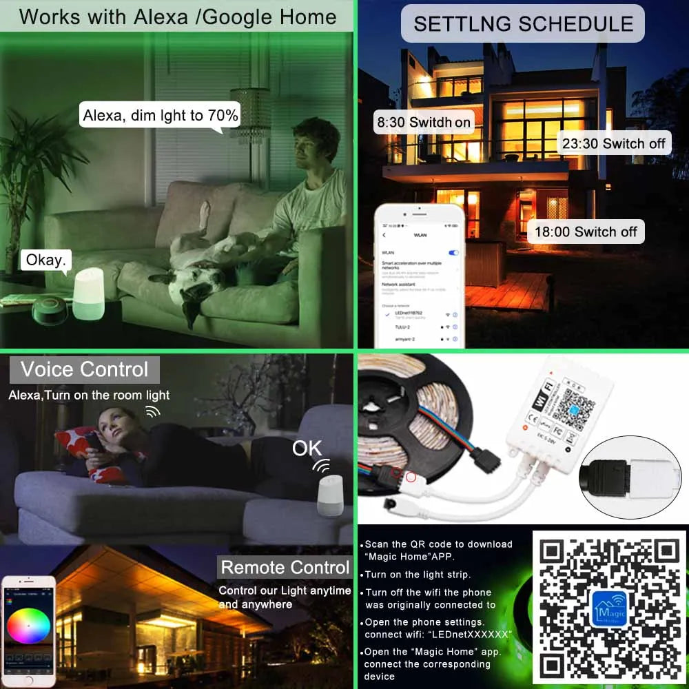 12V RGB LED Strips Wifi Bluetooth Infrared 30M 25M 20M 15M 5M 10M Lights for Room Diode Tape Flexible Ribbon Lamp Power Adapter