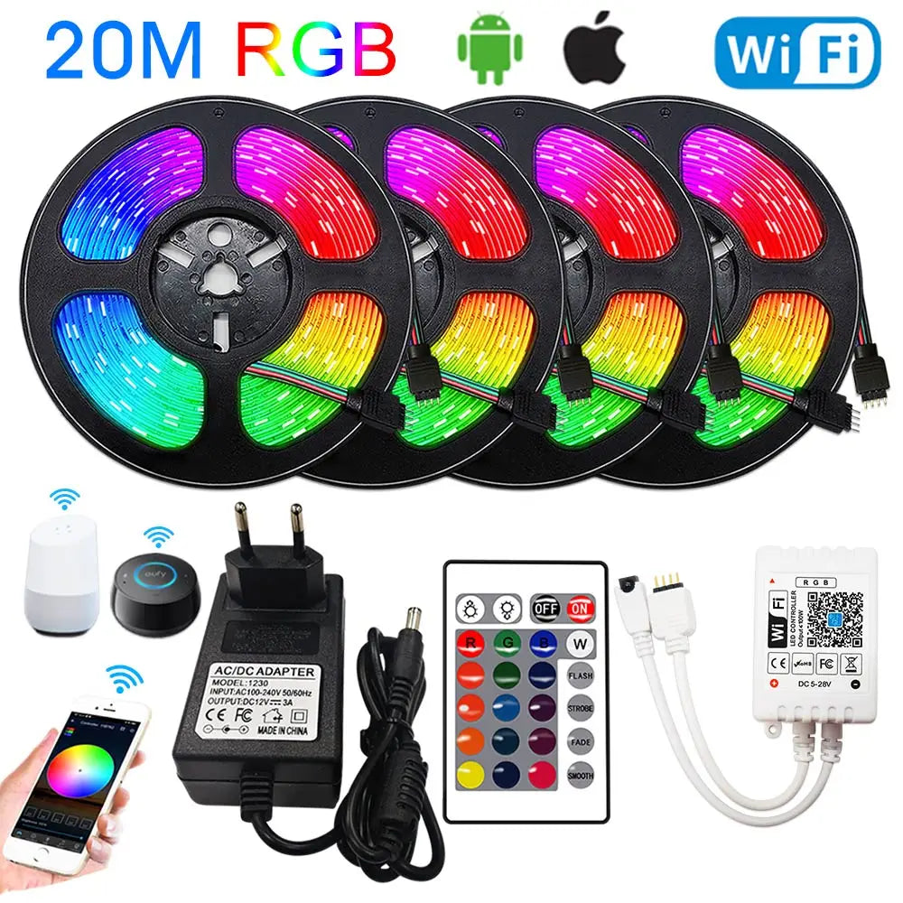 12V RGB LED Strips Wifi Bluetooth Infrared 30M 25M 20M 15M 5M 10M Lights for Room Diode Tape Flexible Ribbon Lamp Power Adapter